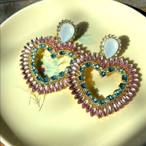 Heart-Shaped Pink and Blue Rhinestone Earrings